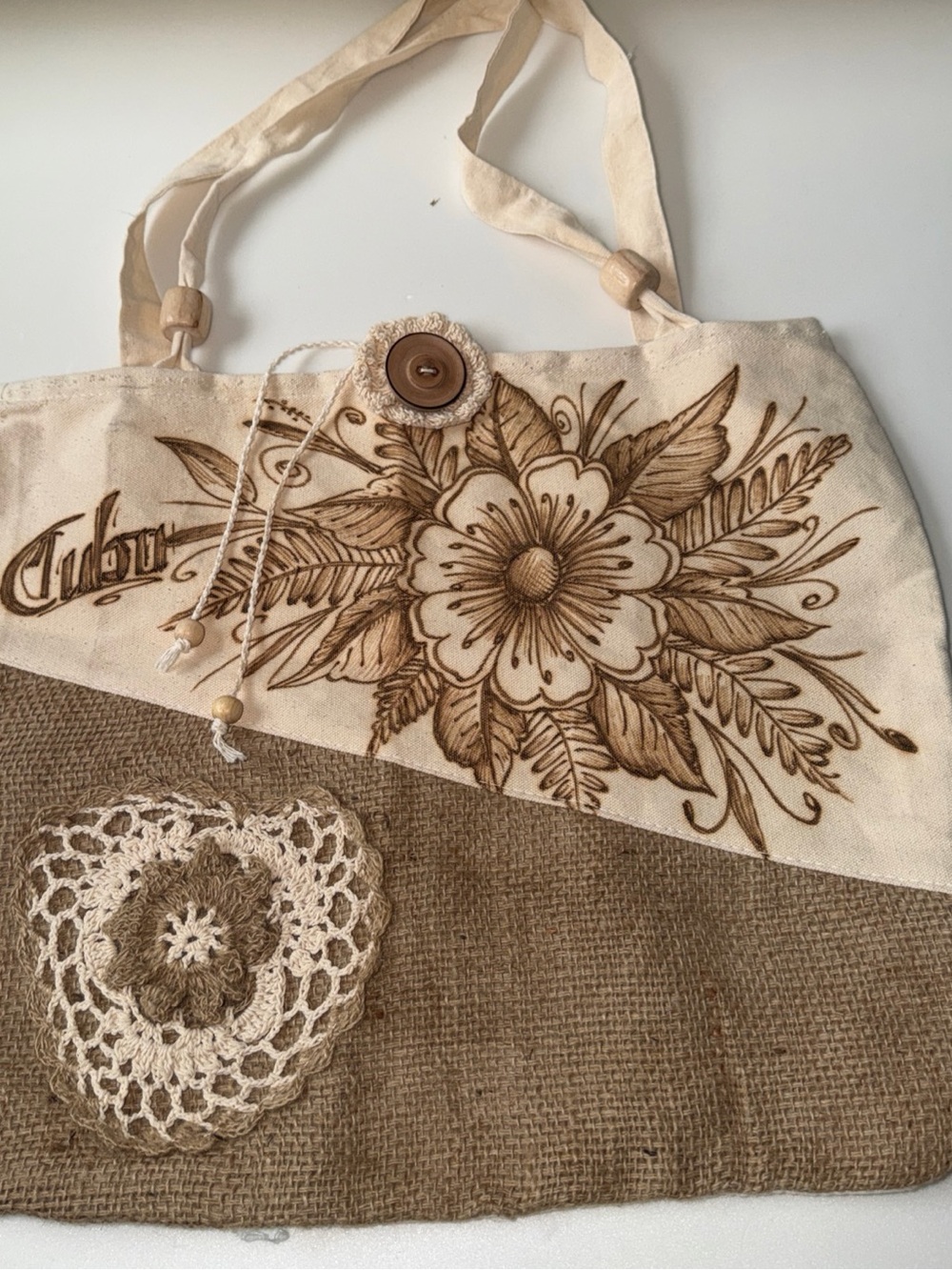 Hand Crafted Cream and Brown Floral Tote Bag
